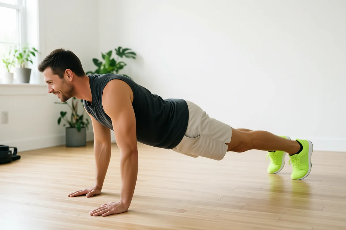 AI-generated image: the same man doing a push-up on a wooden floor at home, body in one straight line