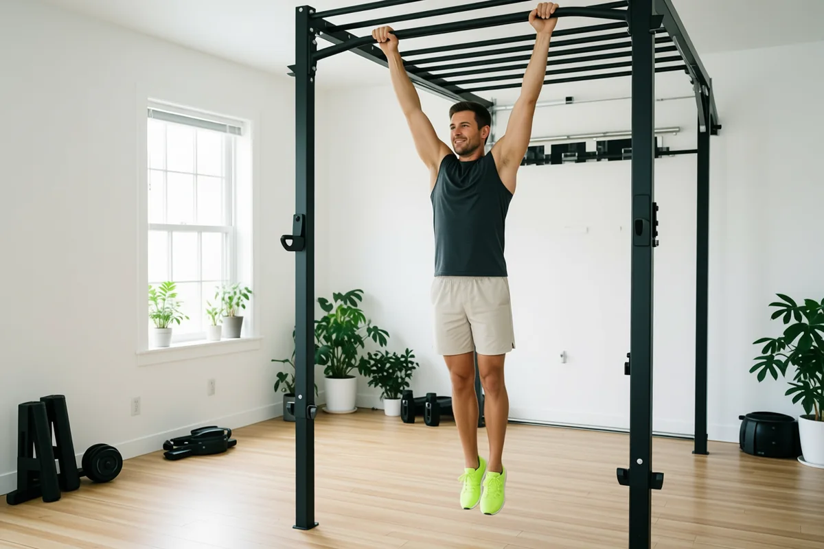 AI-generated image: the same man hanging from a pull-up bar at home with straight arms